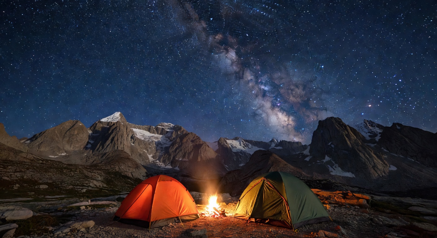 Mountain camp at high altitude at dusk