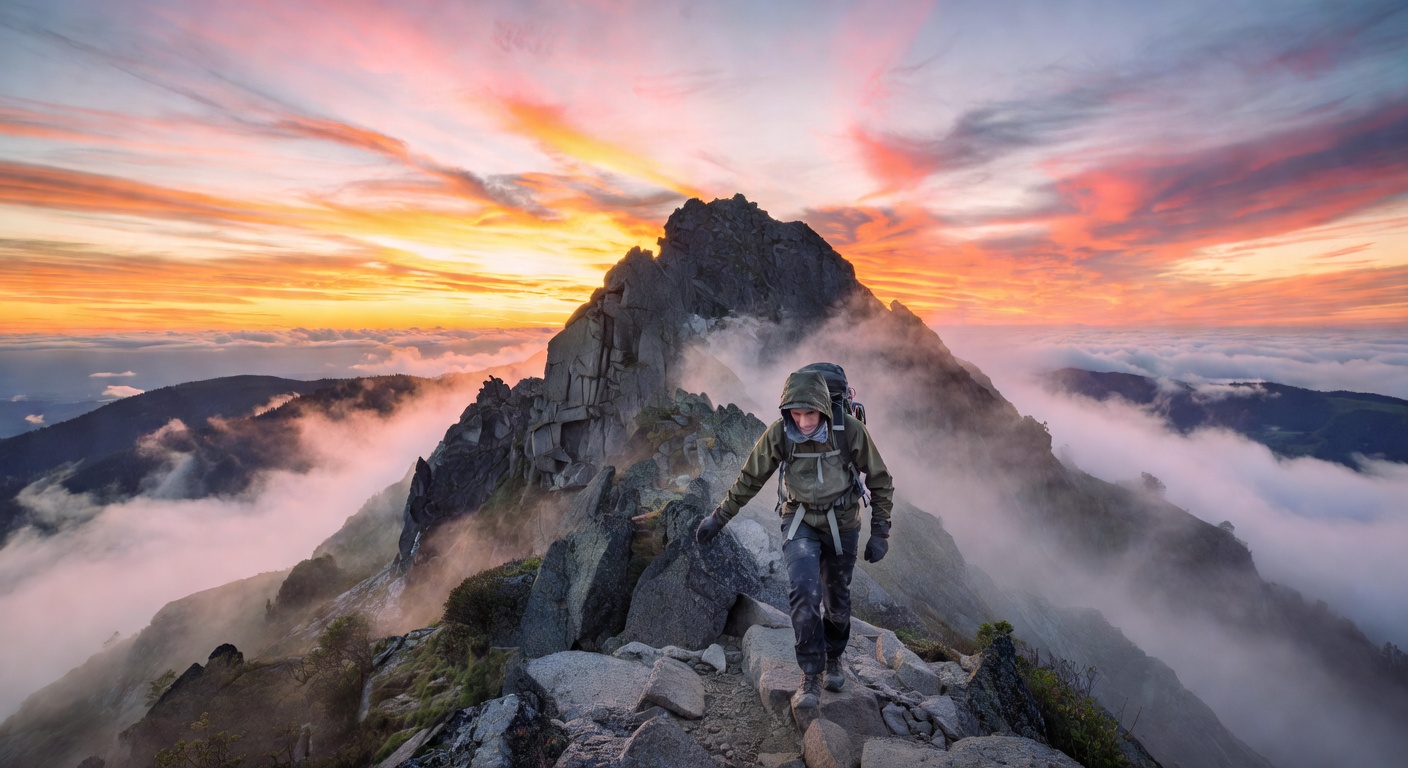 Hiker watching sunrise from a mountain summit